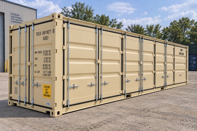 40ft open-side shipping container with side doors closed