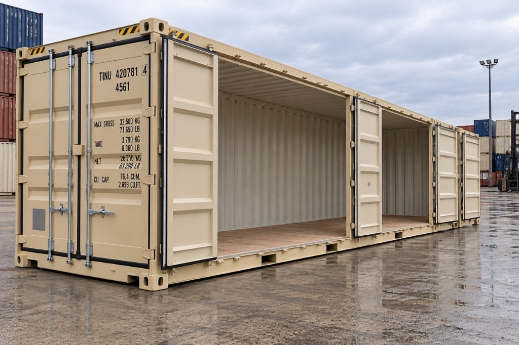 40ft open-side shipping container with side doors open