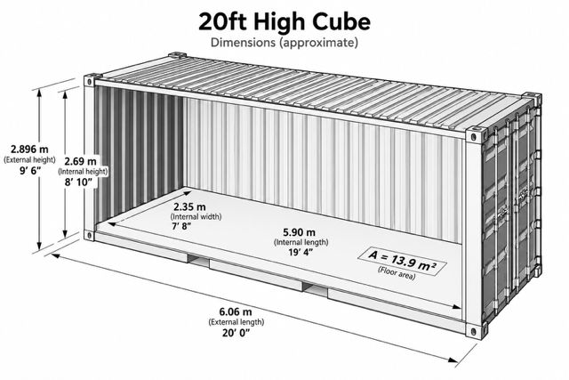 20ft High Cube Shipping Container - New (One-Trip) dimension diagram