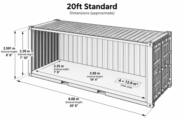 20ft Standard Shipping Container - Wind & Watertight dimension diagram