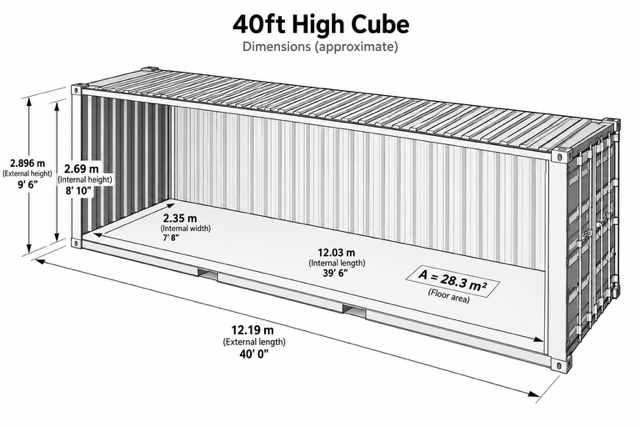 40ft High Cube Shipping Container - Wind & Watertight dimension diagram